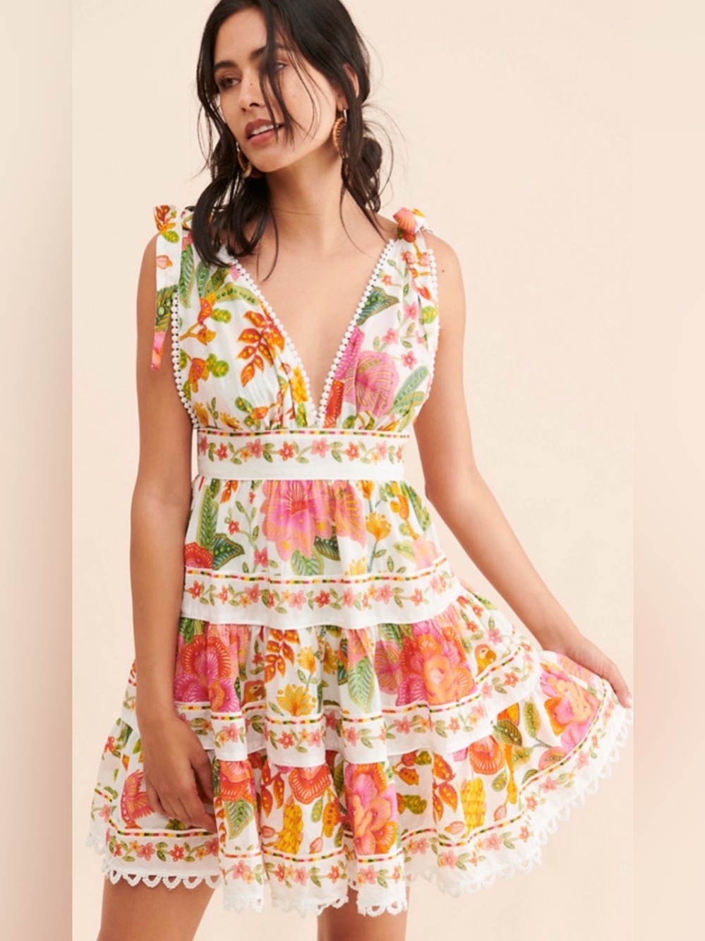Farm Rio Macaw Bloom tie shoulder Tiered Sundress - Size Medium